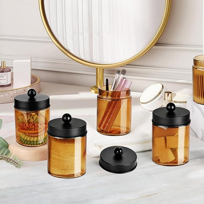 Amolliar Bronze Glass Apothecary Jar, Qtip Holder Metal Lid & Stickers, Bathroom Qtip Dispenser Storage Canister, Perfect for Cotton Balls, Cotton Swabs, Makeup Pads, Bath Salt, Floss, 4 Pack (Black)