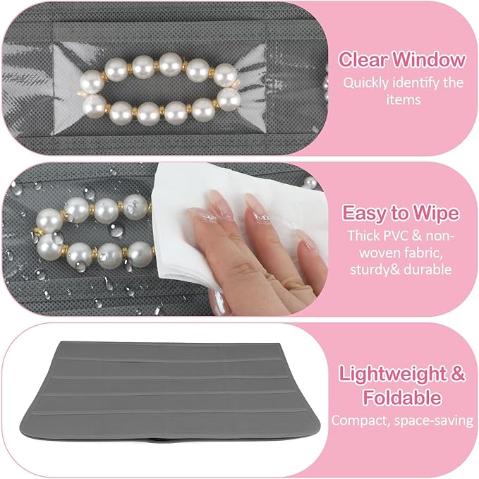 Hanging Jewelry Organizer for Closet with Swiveling Hanger, 17 x 30 In, 80 Clear Pockets Jewelry Organizer Hanging for Jewelries, Earrings, Accessories (Beige) (3, Gray)