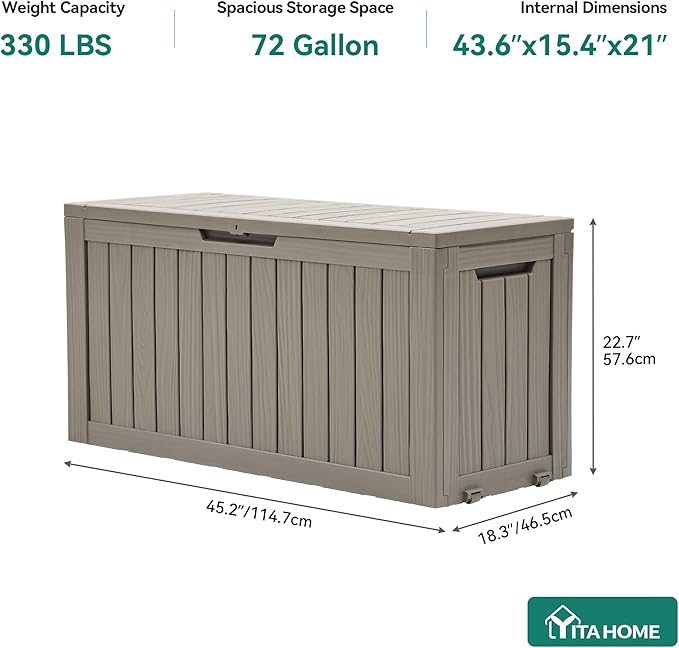 YITAHOME 72 Gallon Outdoor Storage Box w/Wheels, Resin Deck Box Indoor & Outdoor Patio Storage Box for Throw Pillows, Athletic Gear, Yard (Light Brown)