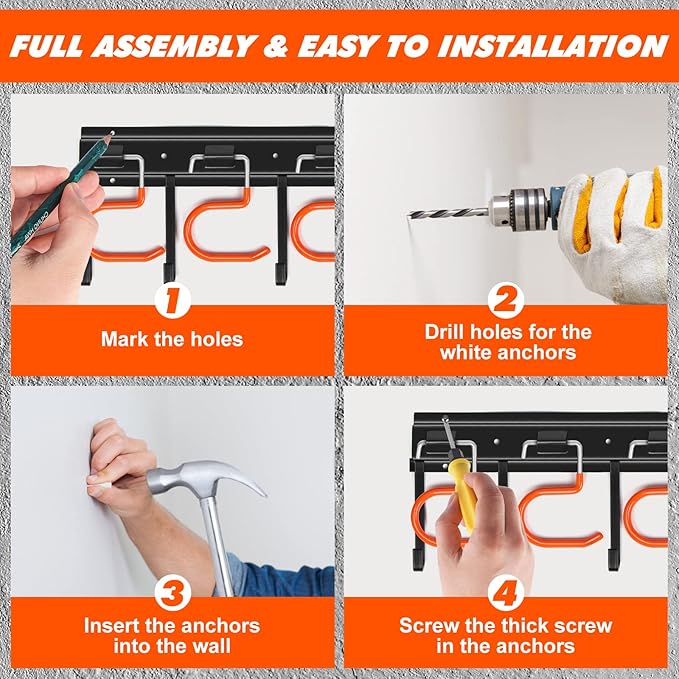 34'' All Metal Garden Tool Organizer Wall Mount Garage Organizers and Storage with Hooks Tool Hangers for Shed