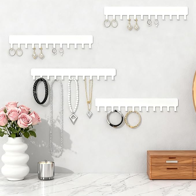 4 Pack Necklace Holder Wall Mount Metal Self-Adhesive Metal Wall Necklace Holder with 48 Hooks Total Space Saving White Hanging Jewelry Organizer Hanger for Necklaces, Pendant, Bracelets