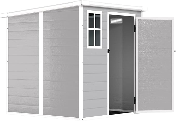 6x6 FT Storage Shed Garden House with Lockable Doors and Vents Waterproof Resin Outdoor Tool Cabinet W/Floor & Window,for Bicycles,Lawnmowers,Lawn,All Weather Use,Gray