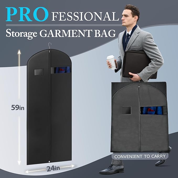 60-inch Suit Bag Garment Bag for Travel and Storage, Garment Bags for Hanging Clothes with Zipper and Visible Transparent Window,1 Pack，Black