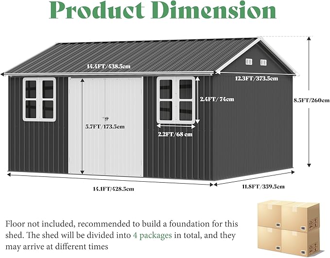 VanAcc 10 x 14FT Outdoor Storage Shed with a Lockable Hinged Door and 2 Windows, Nordic Cottage Metal Shed for Backyard, Garden, Patio, Dark Grey/White