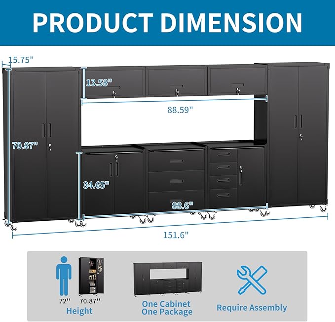 Garage Storage Cabinets System 8 PCS Workshop Set with Drawers Locking Heavy Duty Rolling Cart with Adjustable Shelves Garage Tool Workbench Cabinets (8 PCS, Black)
