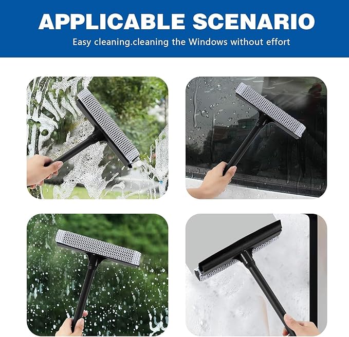 2-in-1 Car Window Cleaner, Multi-Use Car Windshield Cleaning Tool, with 15.9" Handle, 8" Soft Rubber Blade & Highly Absorbent Sponge, Home, Car, Glass, Shower, Outdoor Window Cleaning