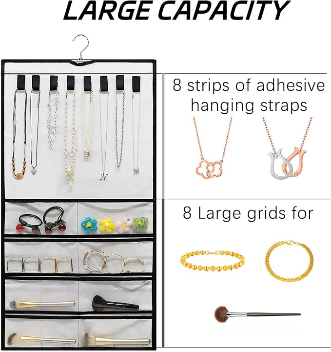 Muka Hanging Jewelry Organizer, Double Sided Foldable 48 Pockets Closet Jewelry Organizer Storage with Hanger, Black
