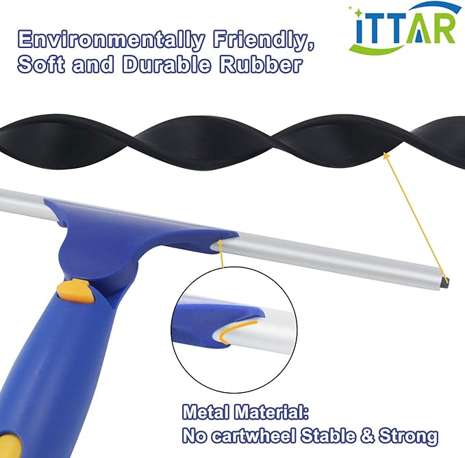 ITTAR Rotatable Window Cleaning Kit, Glass Cleaner Tool with 60" Extension Pole, Rubber Squeegee & 2 Microfiber Pads Combo, Window Washing Equipment for Cleaning Shower, High Windows, Car Glass