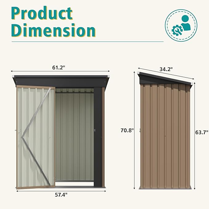 GUNJI 5 x 3 FT Shed Outdoor Storage Shed Metal Garden Shed with Lockable Door Outside Waterproof Tool Shed for Backyard, Patio, Lawn (Brown)