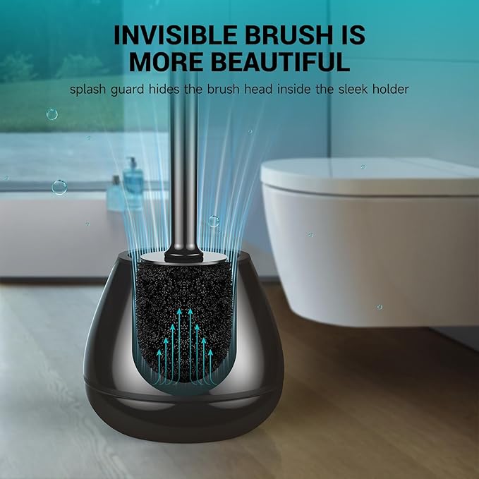 Toilet Brush and Holder, Toilet Bowl Brush with Long Handle, Plastic Holder Easy to Hide, Drip-Proof, Easy to Assemble, Deep Cleaning
