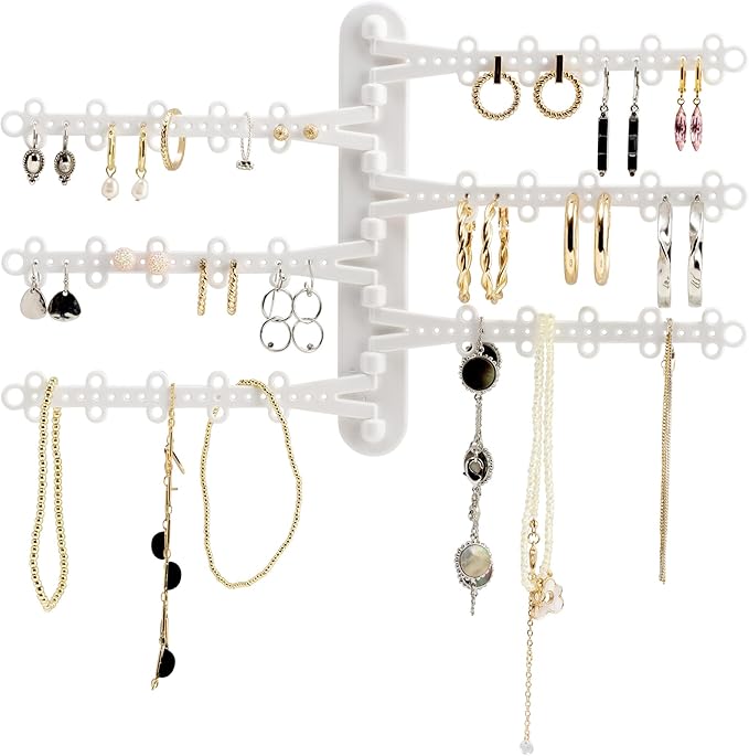 6-Tier 6" Wall Jewelry Organizer, Command Strips included for Easy Hanging, 120 Hole Earring Organizer, Necklace Organizer, Bracelet Holder, Ring Holder, Rotating Branches (White Small)