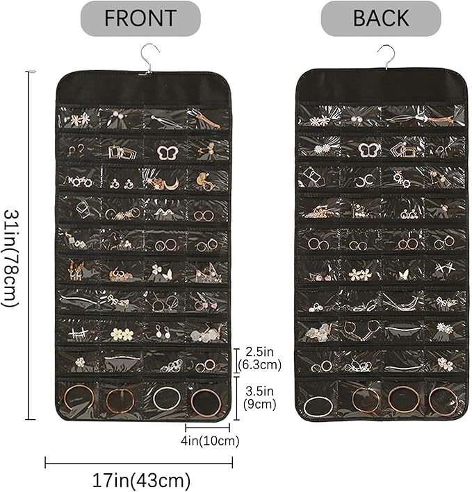 Muka Hanging Jewelry Organizer, Double Sided Foldable 80 Pockets Closet Jewelry Organizer Storage with Hanger, Black