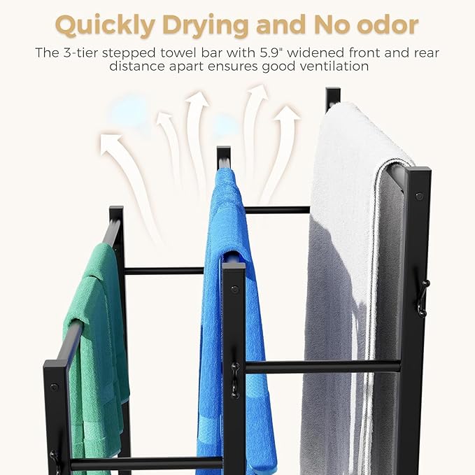3 Tier Towel Rack with Large Storage & 6 Hooks, Blanket Rack for Oversized Bath Towels, Free Standing Pool Towel Rack Stand for Bathroom Pool Indoor/Outdoor, 35.8" H x 31.5" L x 11.8" W