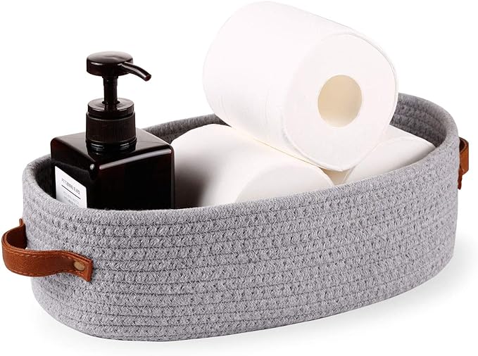Cotton Rope Small Woven Toilet Paper Room Storage Basket with Handles for Bathroom, 13"x5.9"x4" Gary