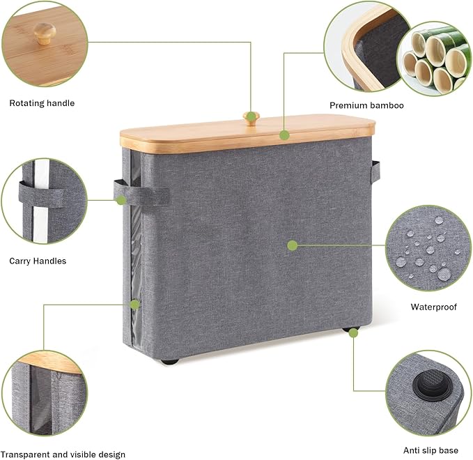 Bamboo Toilet Paper Organizer for Bathroom - Collapsible Storage Basket with Lid, Handle & Non-Slip Bottom, Gray