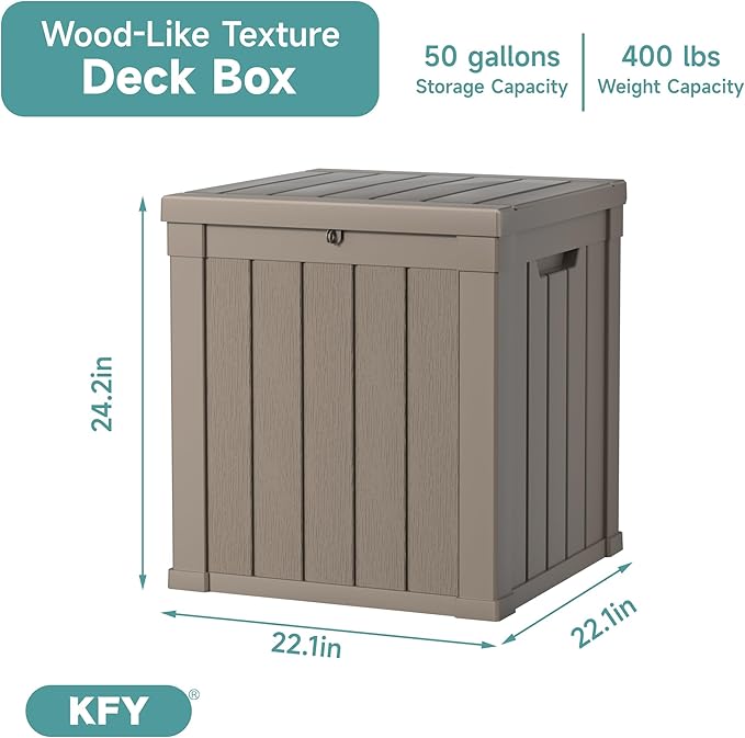 50 Gallon Waterproof Resin Deck Box, UV Resistant Outdoor Storage for Garden, Patio, Porch, Delivery（Grey，50 Gallon）