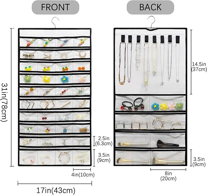 Muka Hanging Jewelry Organizer, Double Sided Foldable 48 Pockets Closet Jewelry Organizer Storage with Hanger, Black