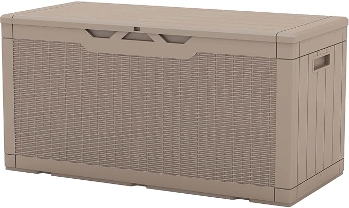 Patiowell 100 Gallon Outdoor Resin Deck Box, Waterproof Large Storage Box for Patio Furniture, Pool Accessories, Garden Tools and Sports Equipment, Lockable, Light Brown
