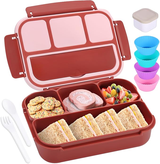 Bento Box Adult Lunch Box, Lunch Containers for Kids Girls Boys with 4 Compartments, Lunchable Food Container with Utensils, Sauce Jar, Muffin Liners, 40 Oz/5 Cup, Retro Red