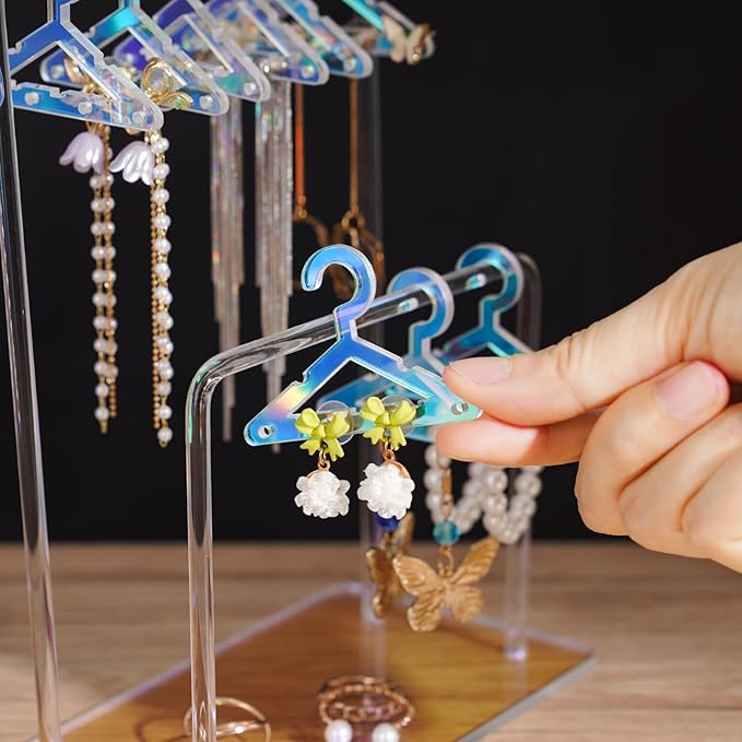 NiHome Acrylic Earring Holder with Unique Double-Tiered Design, Miniature Clothing Hangers with Spacious Storage for 48 Pairs, Mirror-Finish Display for Home Vanity & Retail Showrooms (Iridescent)