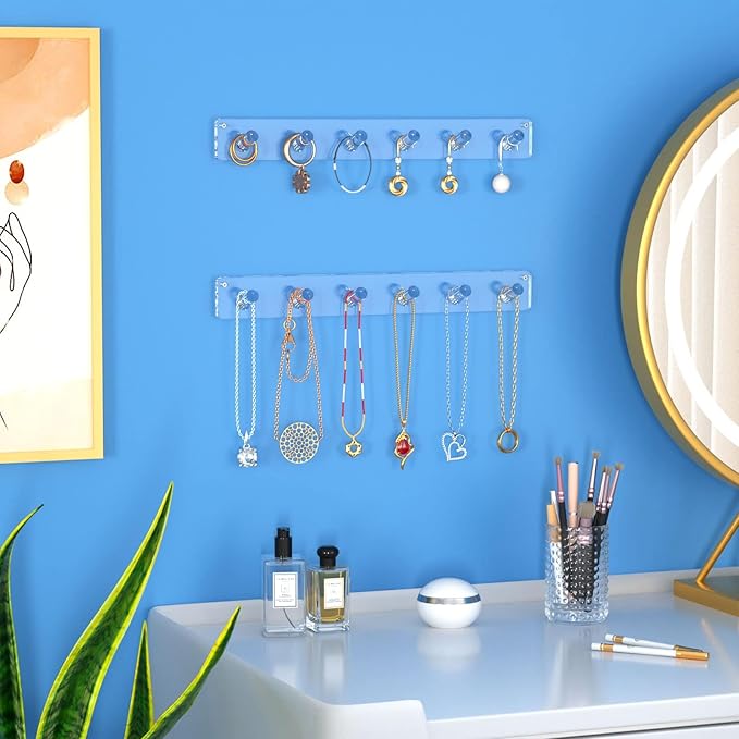 NIUBEE Wall Mounted Jewelry Stand Organizer, 2 Pack Acrylic Necklace Hanger, Bracelets Rings Bangles Display Rack,Best Gift for Girl Women