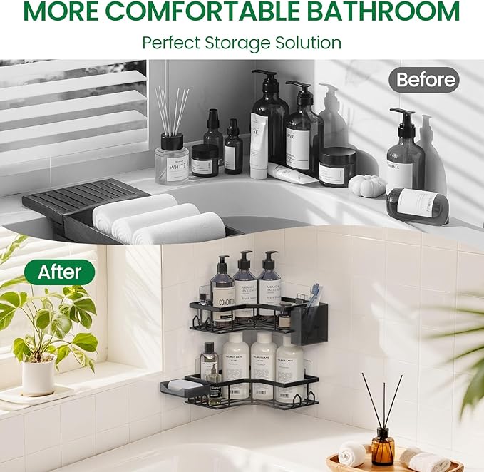 Adhesive Shower Caddy, 2 Pack Corner Bath Organizer, Rustproof Stainless Steel Shower Shelves with Large Capacity, No Drilling Shelves for Bathroom Storage, Home, Kitchen Décor