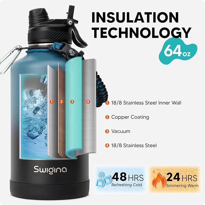 [2-IN-1 LID] 64 oz Insulated Water Bottle with Silicone Boot (48hrs Cold/24hrs Hot) - DIY Stickers, Leakproof, BPA Free, Half Gallon
