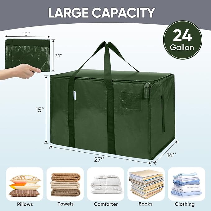 TICONN 8 Pack Extra Large Moving Bags Heavy Duty with Zippers & Carrying Handles, Durable Storage Bags Moving Boxes for Closet Organizers and Storage (8 Pack, Olive)