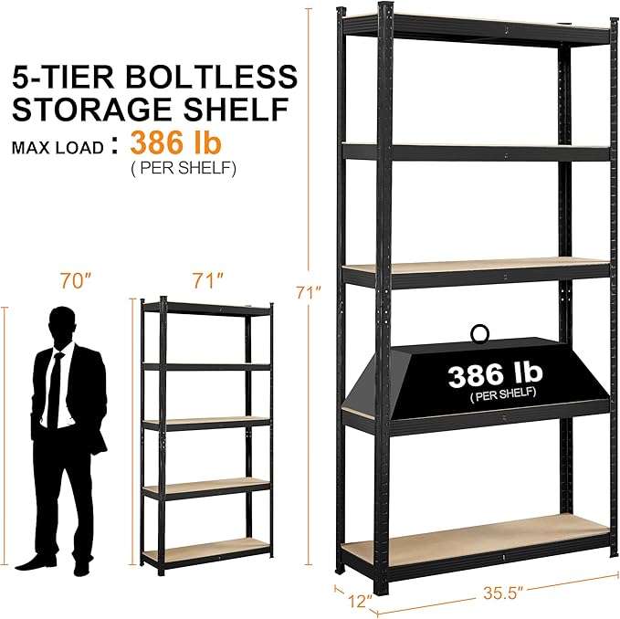 Topeakmart 5-Tier Utility Shelves, Metal Storage Shelves Garage Shelving Unit Adjustable Garage Storage Shelves Storage Racks Heavy Duty Shed Shelving- Black, 35.5 x 12 x 71 Inch