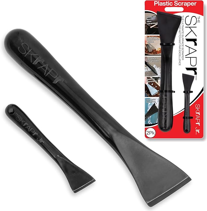 Plastic Scraper Tool, 2 Pack, Non-Scratch, 1.7 Inch Wide Blade, Long Ergonomic Handle, Heat Resistant (460F), Dishwasher Safe - Clean Ovens, Countertops, Hard Floors, Walls, and Windows