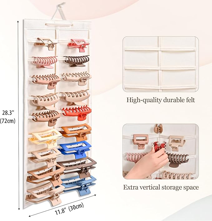 Lolalet Hair Claw Clip Organizer, 1 Pack Hanging Wall-Mounted Claw Clip Holder, Storage Display for Wall/Door/Closet - Beige