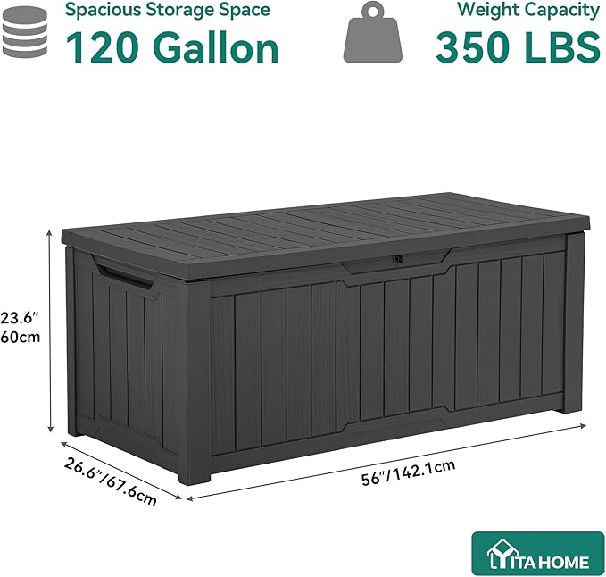 YITAHOME 120 Gallon Large Deck Box, Resin Outdoor Storage Box for Outdoor Pillows, Garden Tools and Pool Supplies, Waterproof, Lockable, Dark Gray