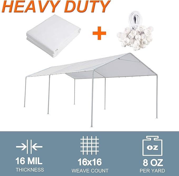 10 x 20 Ft Carport Replacement Canopy Cover Garage Top Tent Shelter Tarp with Free 44 Ball Bungee Cords,White(Only Cover, Frame Not Include) (10x20 White)