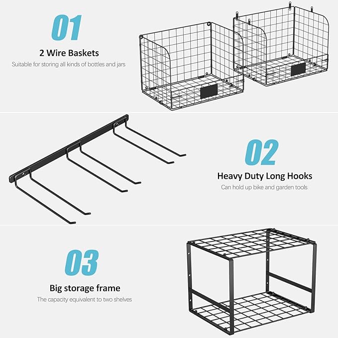 Garage Shelf Wall Mounted with Wire baskets, Heavy Duty Garage Wall Shelving with Garden Tool Rack and Hooks, Wire Shelf Baskets Tool Organizer for Home Garden Yard Organization and Storage