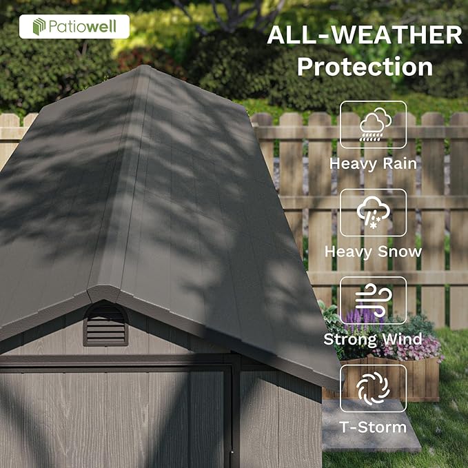 Patiowell 4 x 8 FT Plastic Outdoor Storage Shed with Floor, Garden Tool Shed with Two Windows and Single Lockable Door for Garden, Backyard, Lawn, Easy to Install, Dark Grey