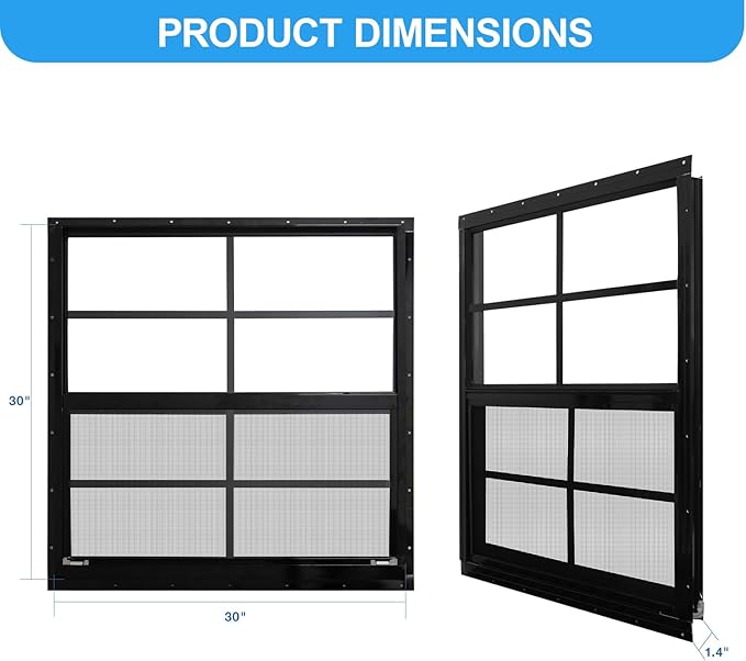 NeatiEase Upgraded Shed Windows 2 Pack, 30" x 30" Windows with Tempered Glass and Stainless Steel Screen for Shed, Chicken Coop, Playhouse, Household, Garage(Black)