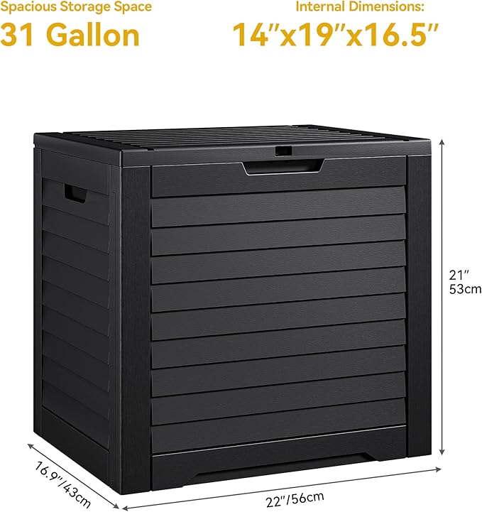 DWVO Louvered Large Deck Box, 35 Gallon Resin Outdoor Storage Box for Patio Furniture, Garden Tools and Pool Supplies, Lockable Lid and Side Handles, Waterproof and UV Resistant, Black