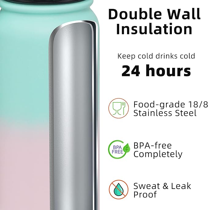 Fanhaw 20 oz Insulated Stainless Steel Water Bottle with Anti-Dust Chug Lid, Leakproof Vacuum Metal Bottle for Kids, Women & Men (Green Pink)