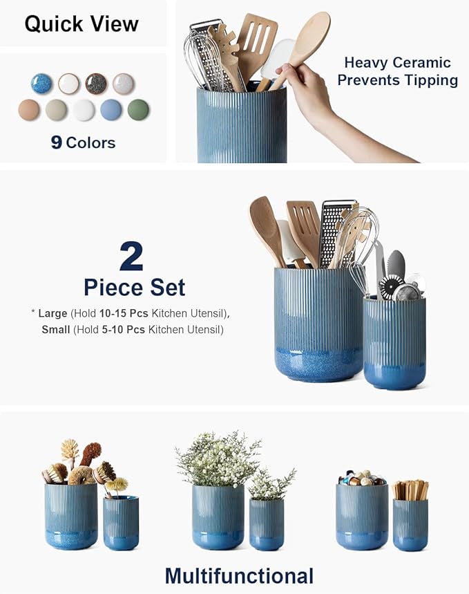 LE TAUCI Utensil Holder, 7.3"+5.4" Ceramic Kitchen Utensil Holder for Countertop, Large Cooking Utensil Crocks Gift for Mother's Day, Costal Ocean Home Kitchen Decor, Set of 2,Glaze Marble Blue
