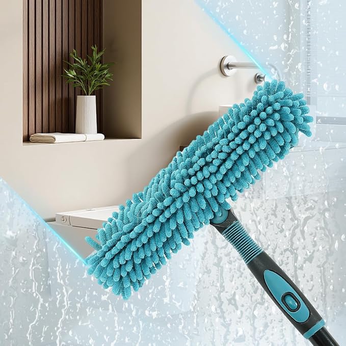 Professional 2-in-1 Window Squeegee Cleaner Tool with 62" Extension Pole, Rotatable Bendable Head & Scrubber, Car Glass Cleaning Kit for Windows, Shower, Gas Station - 1 Blade 2 Scrubber