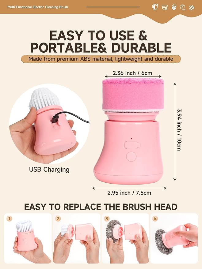 Electric Dish Washing Brush, Small Handheld Power Scrubber, Pink Cordless Cleaning Brushes kit, Gift for Woman, for Kitchen cleanup, Dishes/Plates/Sink, IP66 Waterproof Household Cleaning Supplies