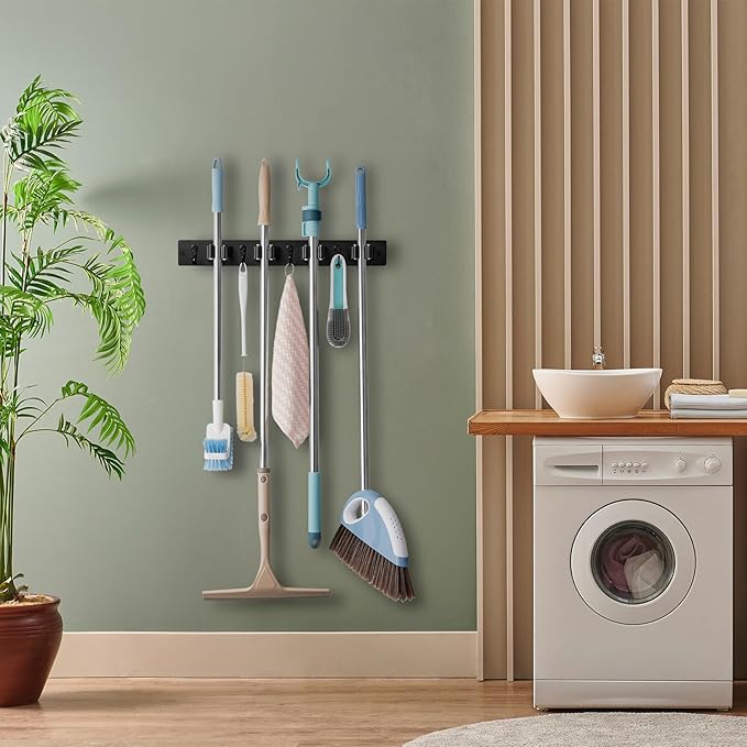 Black Mop Broom Holder Wall Mount with 4 Slots & 4 Hooks - Rustic Wood Broom Mop Hanger for Pantry Closet Laundry Room Organization - Heavy Duty Garden Tool Organizer - Black Kitchen Decor