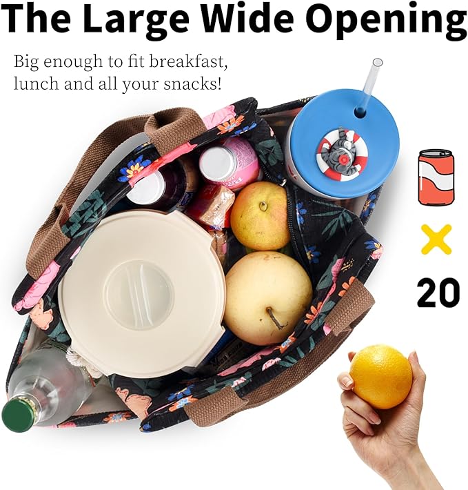Lunch Box for Women, Large Capacity Lunch Bag Women with Bottle Holder & Side Pockets,Cute lunch box Insulated Lunch tote bag for Work Office Travel Picnic (Flower)