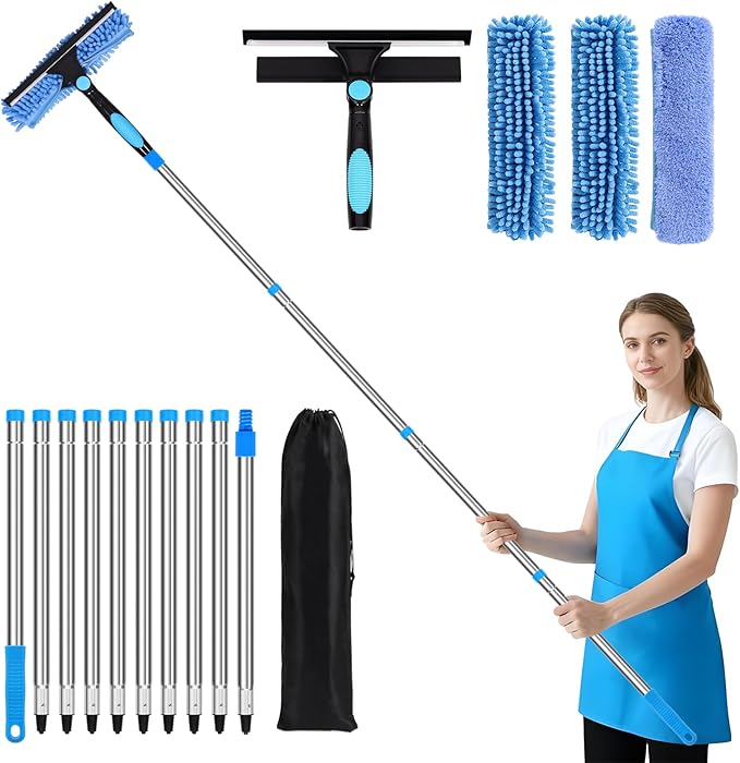 12.2FT/3.7M Window Cleaning Tools, Professional 2 in 1 Window Cleaner Tool Kit, 2 in 1 Extendable Squeegee Window Cleaner for high Windows, Car, Glass