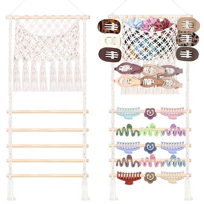 SNOWSTAR Macrame Hair Claw Clip Organizer,Large Capacity Mesh Bag Scrunchies Holder and Hair Ties Organizer for Women Girls,Hair Accessorie Hanging Storage Home Decor Wall,Door