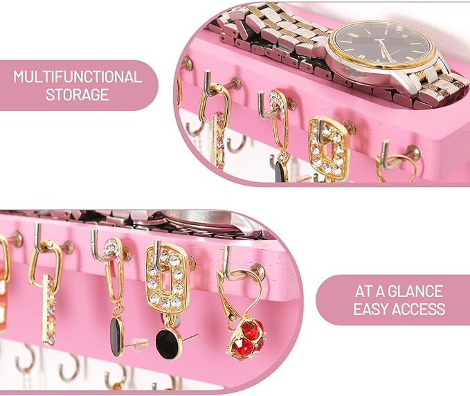Necklace Holder Organizer Wall Mount,Jewelry Holder Organizer with 30 Hooks,Oak Jewelry Organizer and Storage for Necklaces,Bracelets and Rings (Pink)