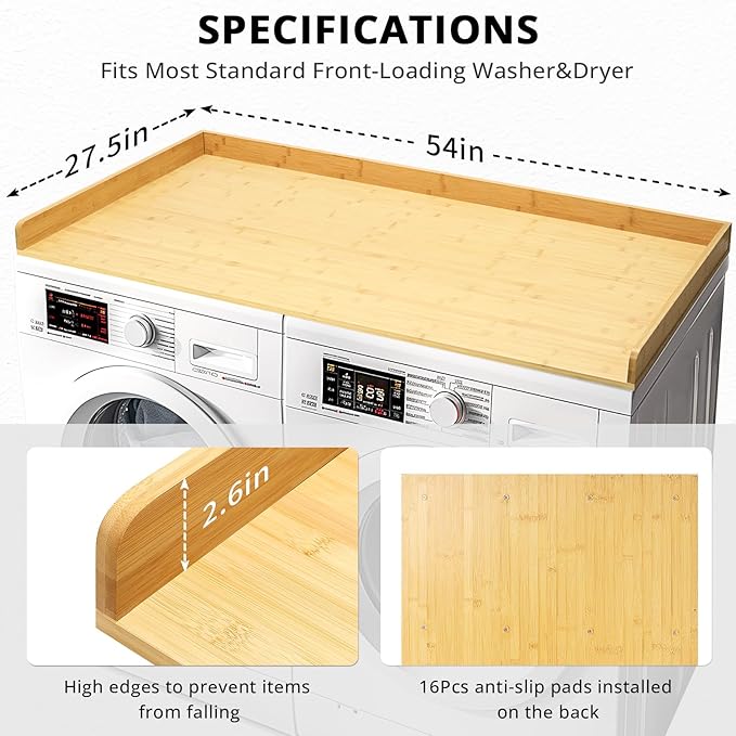 Washer Dryer Countertop, 27.5" x 54" Bamboo Washer and Dryer Countertop for Laundry Room Organization(Natural)