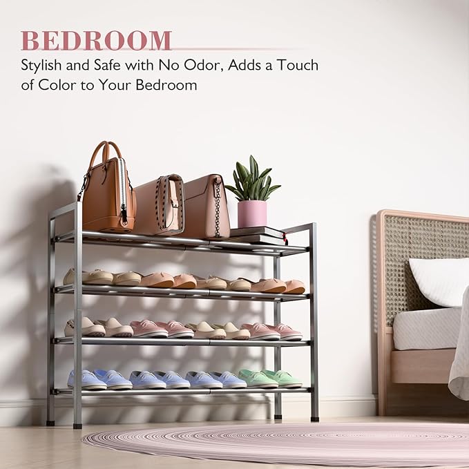 Bumusty 4-Tier Expandable Shoe Rack for Closet, 18“-33” Adjustable Shoe Rack for Small Space, Small Shoe Organizer for Front Door, Sturdy Metal, Gray
