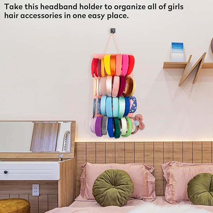 Hanging Headband Holder for Girls, Felt Headband Organizer with 40 Slots (Pink)