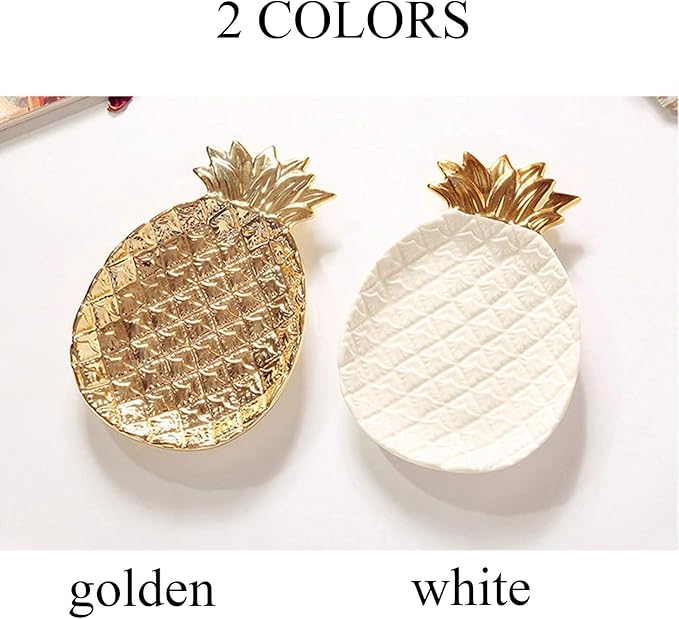 Ceramic Jewelry Pineapple Trays,Electroplated Golden Pineapple Plate,Home Decor Dish Wedding Birthday (White)